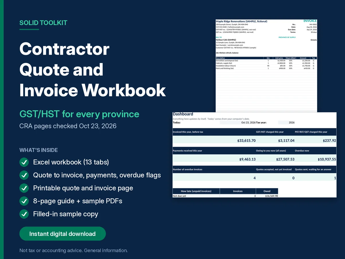 Cover of the Canadian Contractor Quote and Invoice Workbook for GST/HST, 2026. CRA, Revenu Quebec and provincial pages checked October 23, 2026.