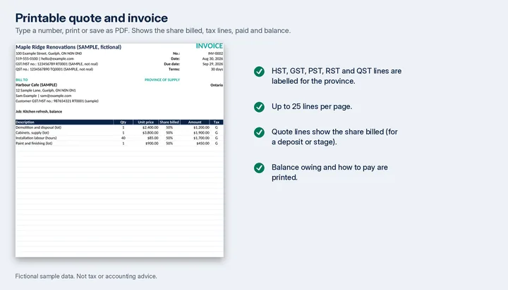 The printable quote and invoice page of the sample workbook.