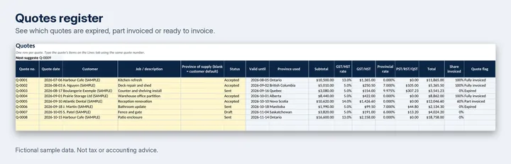 The Quotes tab of the sample workbook, with one row per quote.