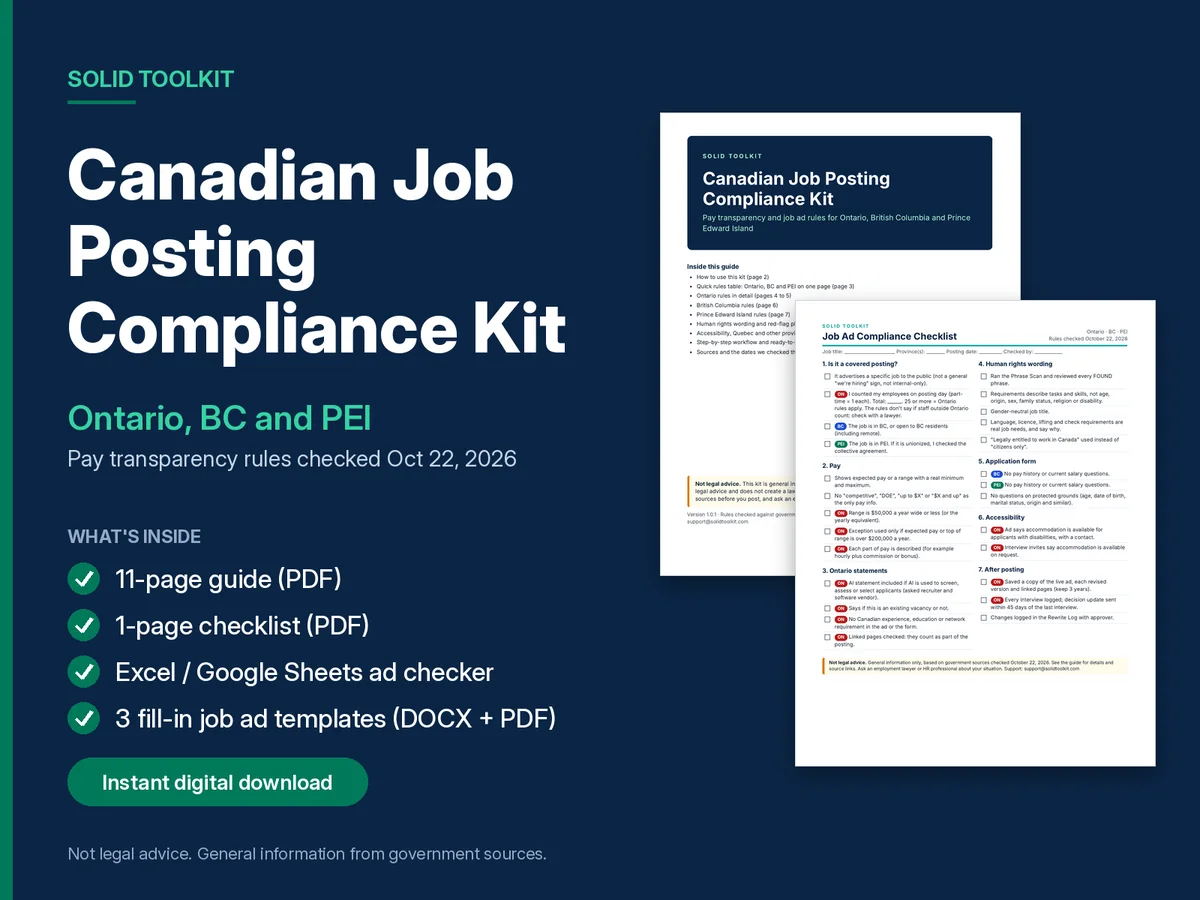Cover of the Canadian Job Posting Compliance Kit for Ontario, BC and PEI. Rules checked October 22, 2026.