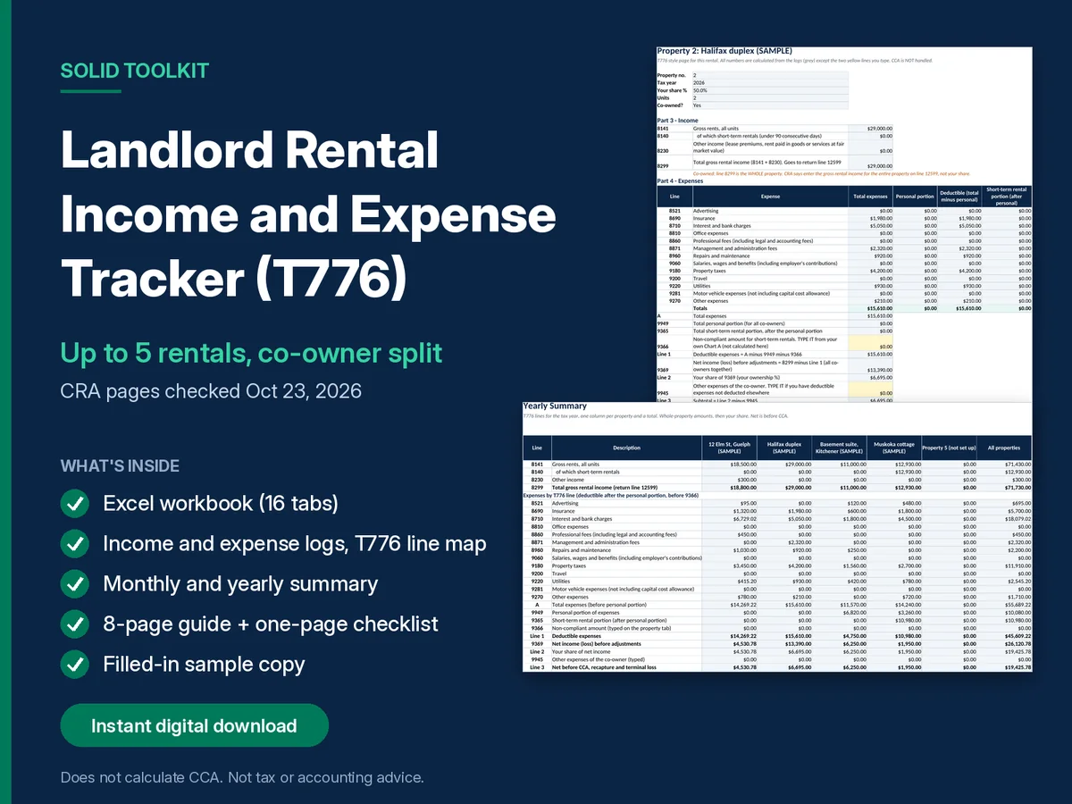 Cover of the Canadian Landlord Rental Income and Expense Tracker for Form T776, 2026. It does not calculate CCA. CRA pages checked October 23, 2026.