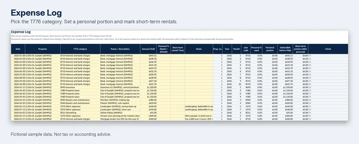 The Expense Log tab of the sample workbook, with a category, personal portion and short-term column.
