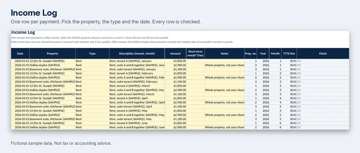 The Income Log tab of the sample workbook, with one row per payment.