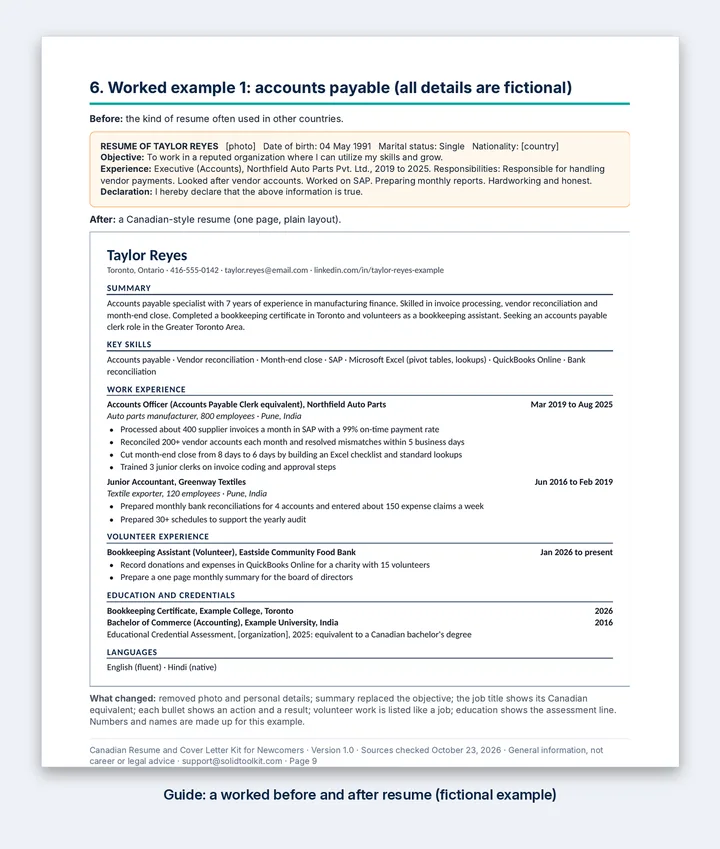 A page from the guide showing a worked example resume. All details are fictional.