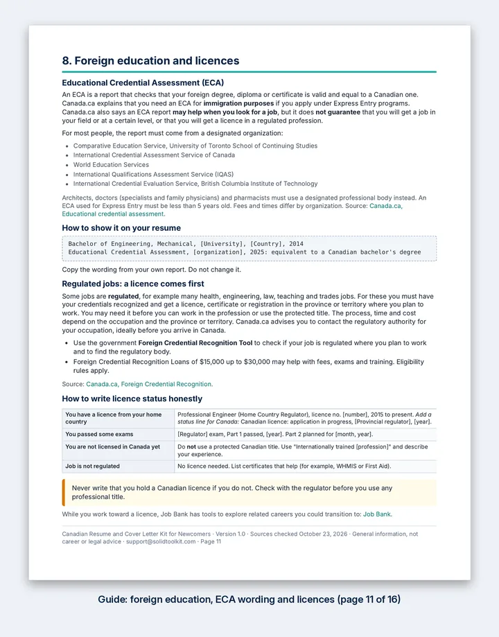 A page from the guide about foreign education, credential assessment and licence wording.
