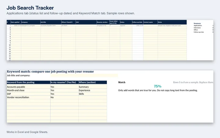 The Job Search Tracker spreadsheet with sample application rows.