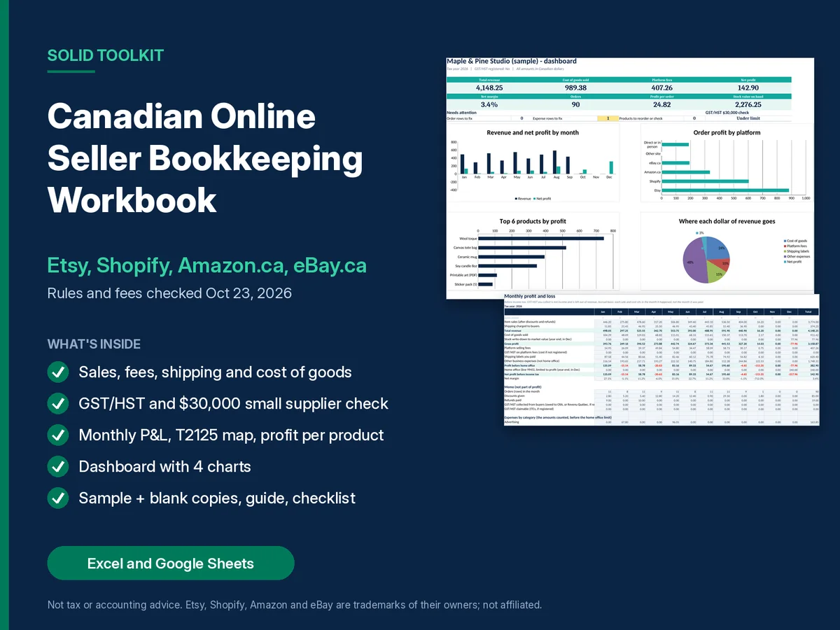 Cover of the Canadian Online Seller Bookkeeping Workbook for Etsy, Shopify, Amazon.ca and eBay.ca. Rules and fees checked October 23, 2026.