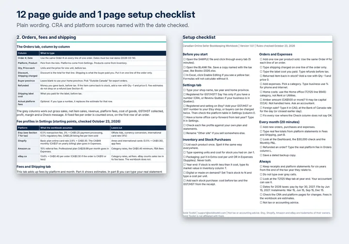 Pages from the 12 page PDF guide and the one page setup checklist.