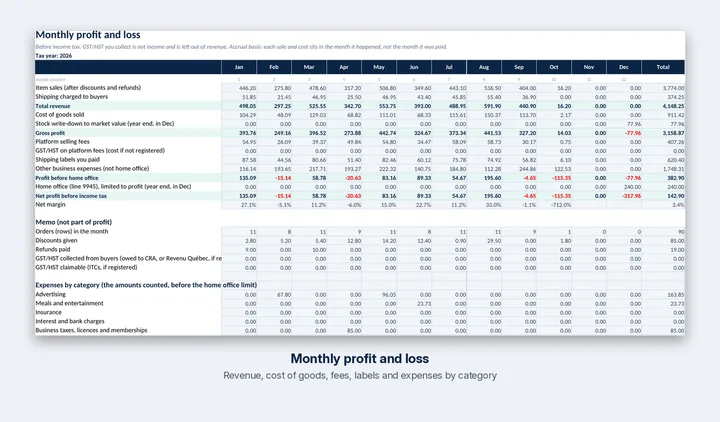 The Monthly profit and loss tab of the sample workbook.