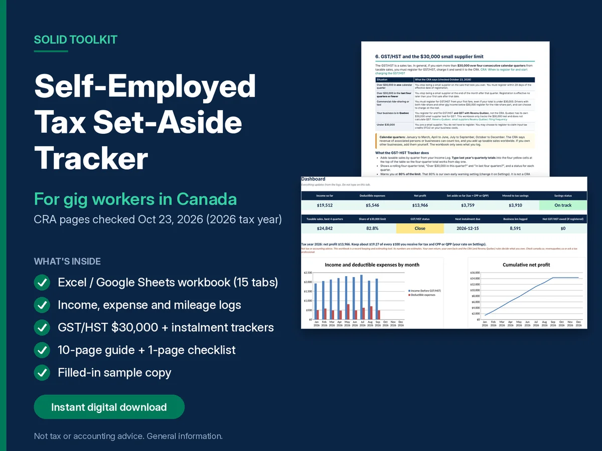 Cover of the Self-Employed Income, Expense and Tax Set-Aside Tracker for Canada, 2026. CRA pages checked October 23, 2026.
