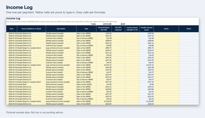 The Income Log tab of the sample workbook, a spreadsheet with payments in rows.